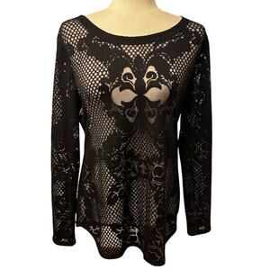 Vintage Cache Black Sheer Mesh Burnout Long Sleeve Top Goth Y2K Clubwear L